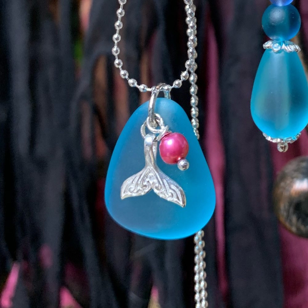 Sea glass pendant w/ sterling whale tail